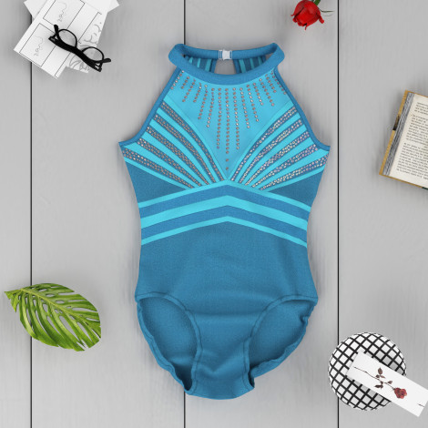 short sleeve black and white gymnastics leotard blue 6